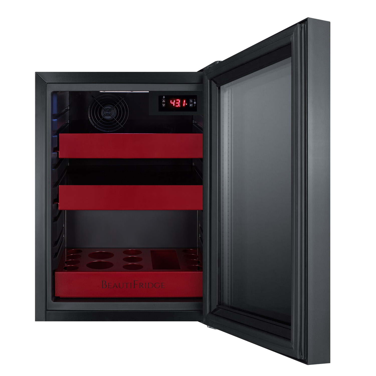 BeautiFridge compact cosmetics cooler with mirror-tinted glass door, black cabinet, lock, glossy ruby-colored shelves, and digital controls set for the storage of beauty products
